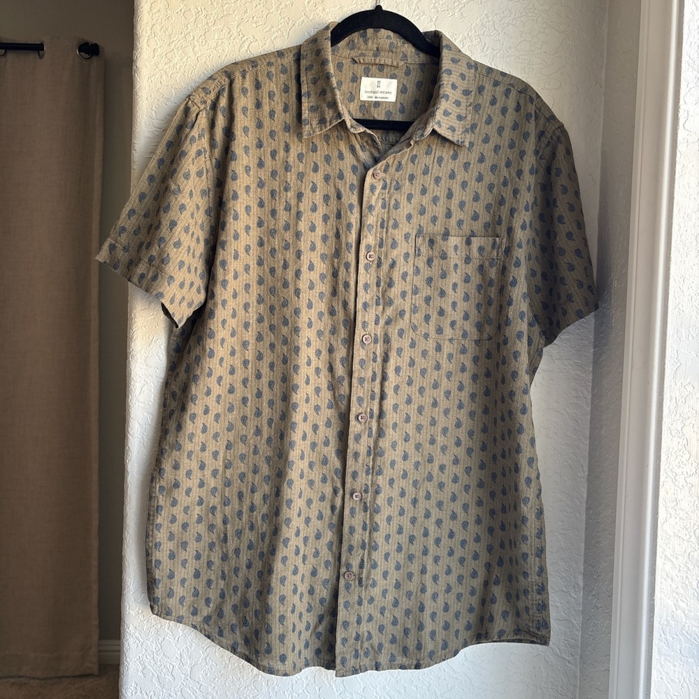 Men's L Shirt Button Paisley Olive Green Linen Blend Casual Boho Beachy Neutral